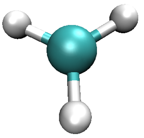 The CH3 radical visualized in VMD with a ball-and-stick representation.