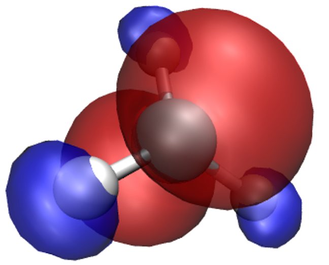 The spin density of the CH3 radical visualized in VMD.