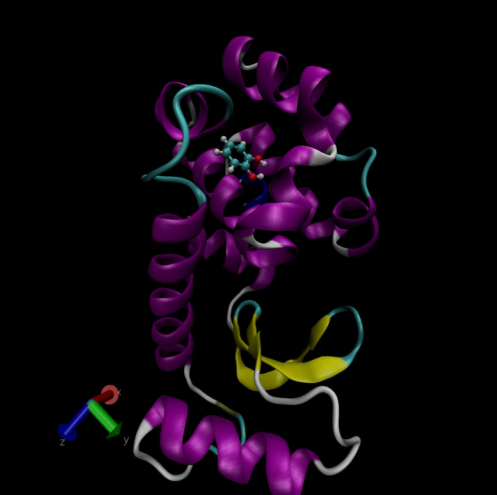 Catechol bound in the buried binding site of the T4 lysozyme L99A/M102Q double mutant. Visualization in VMD.