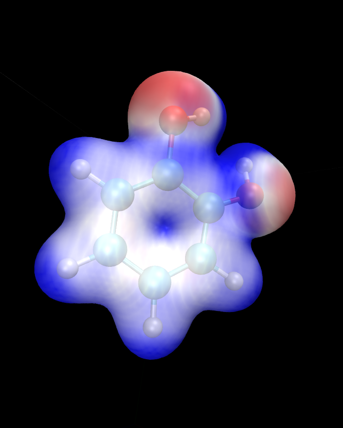 Visualization of the ligand in VMD. A ball-and-stick model of the molecule is shown, together with an isosurface of the electronic density, coloured by the electrostatic potential.