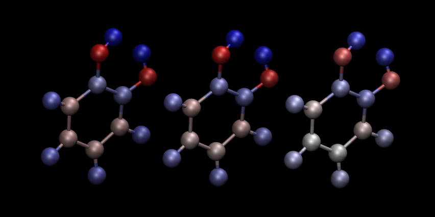 Comparison of atomic charges on the ligand: Mulliken (left), NPA (middle) and DDEC (right). Warm colours correspond to negative charges. Visualization in VMD.